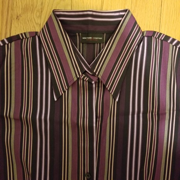 New York & Co. Stretch L/S V-Neck Button Up Striped Shirt Purple Womens Sz Large - Picture 4 of 10